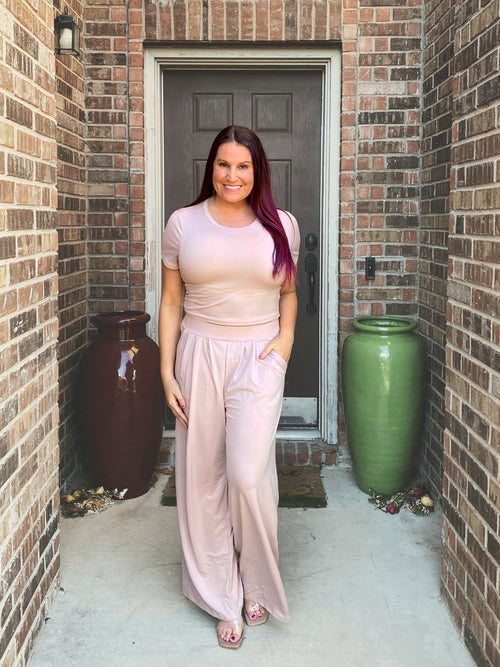 short sleeve top and pocket pants set light pink misty bd