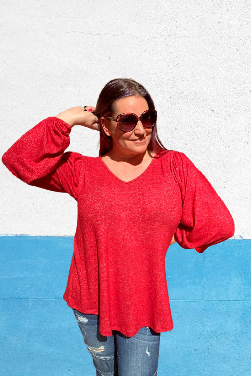 balloon sleeve vneck top misty bd red