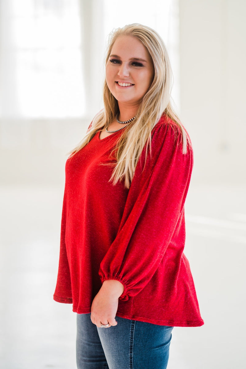 balloon sleeve vneck top misty bd red side plus
