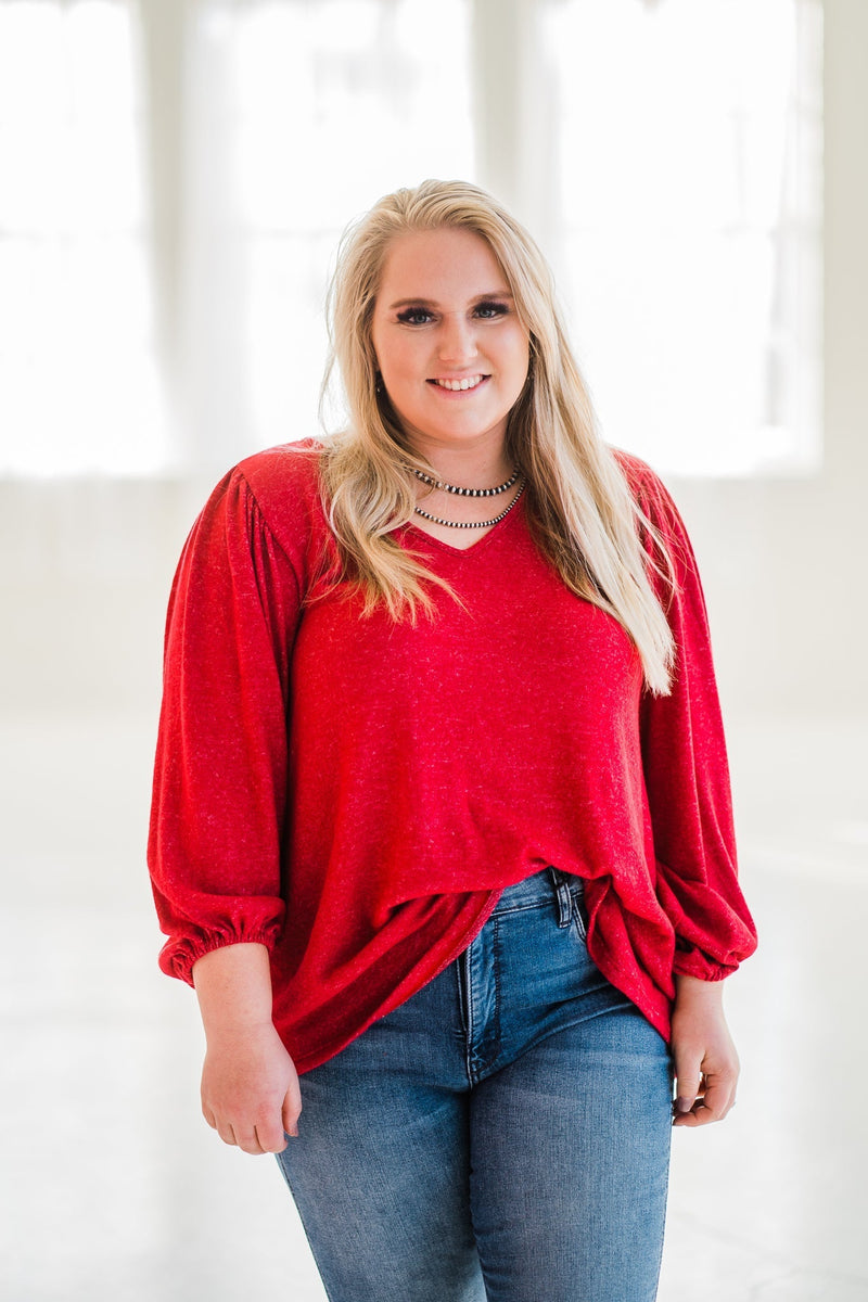 balloon sleeve vneck blouse misty bd red plus front