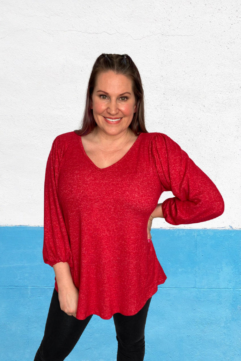 balloon sleeve vneck blouse misty bd red front