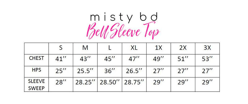 Bell Sleeve Top size chart