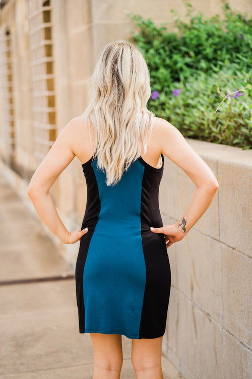 Color Pop Tank Dress in teal misty bd back view