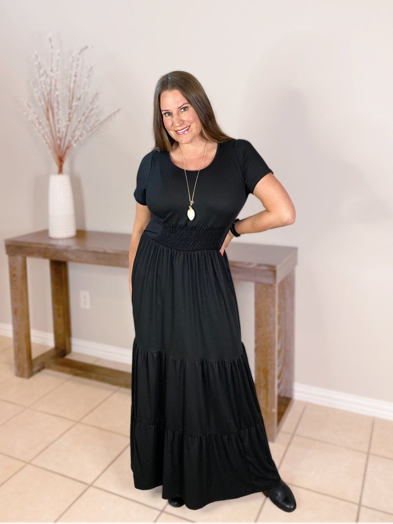 Cinched Front Maxi Dress in Black - S-3X