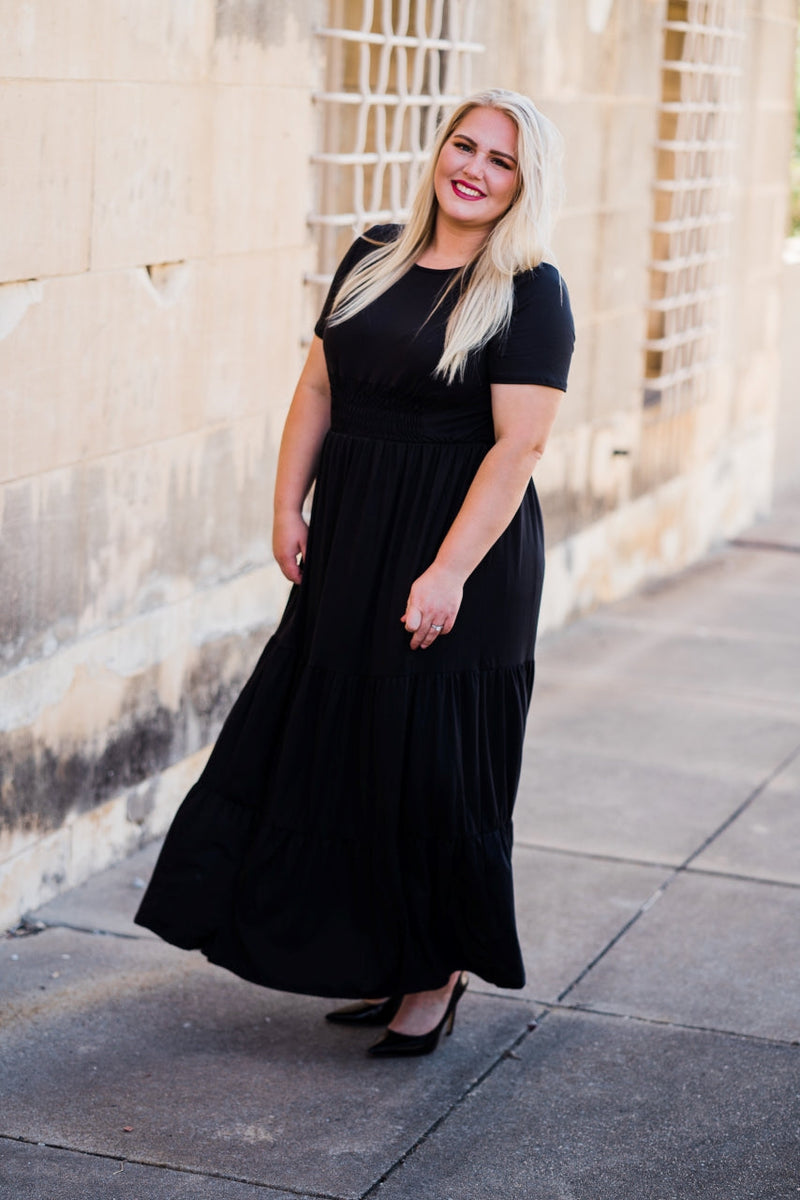 Cinched Front Maxi Dress in Black - S-3X