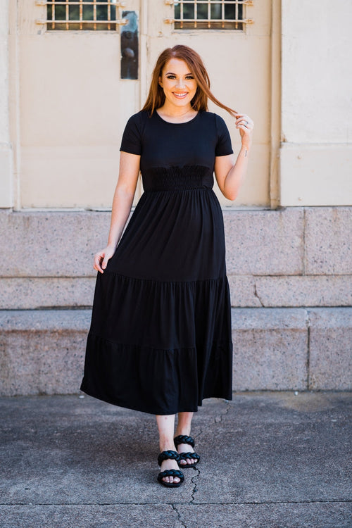 Cinched Front Maxi Dress in Black - S-3X