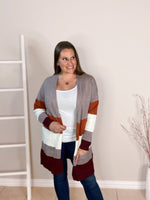 brown orange maroon cream cardigan with pockets misty bd side look