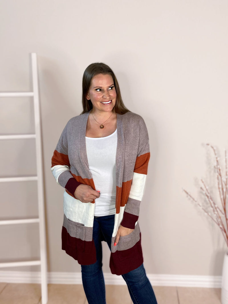 brown orange maroon cream cardigan with pockets misty bd side look