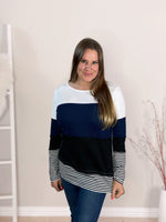 color block long sleeve waffle top blue misty bd front view