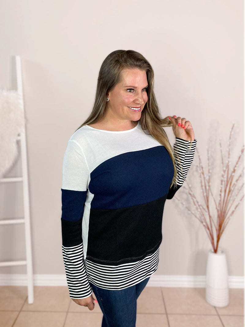 color block long sleeve waffle top blue misty bd  side view