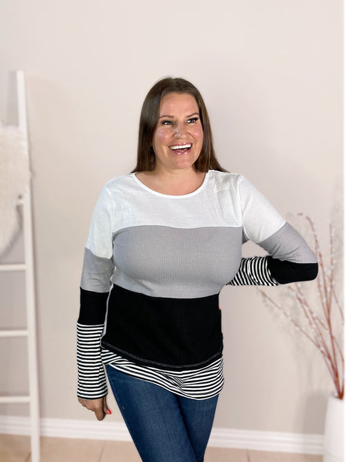 color block waffle top long sleeve grey white black misty bd hand on hip