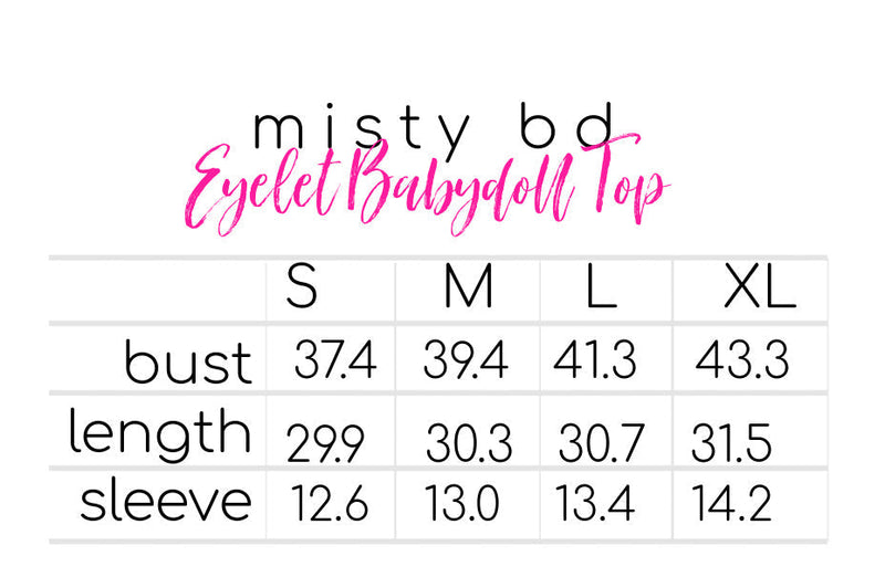 Tiered Eyelet Babydoll Top in white size chart