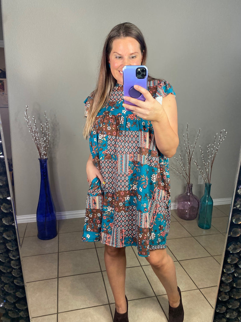 Tiered Pocket Dress in Teal Boho - S-3X