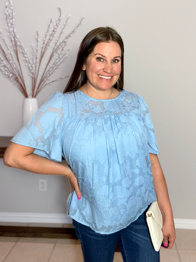 Lace Overlay Top in Blue misty bd