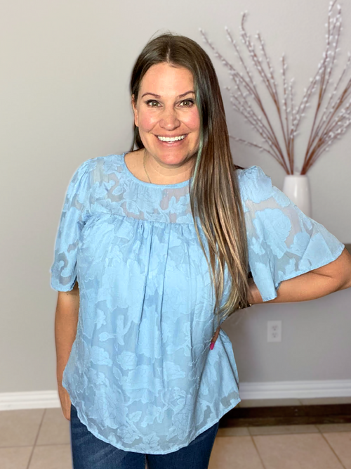 Lace Overlay Top in Blue misty bd front view