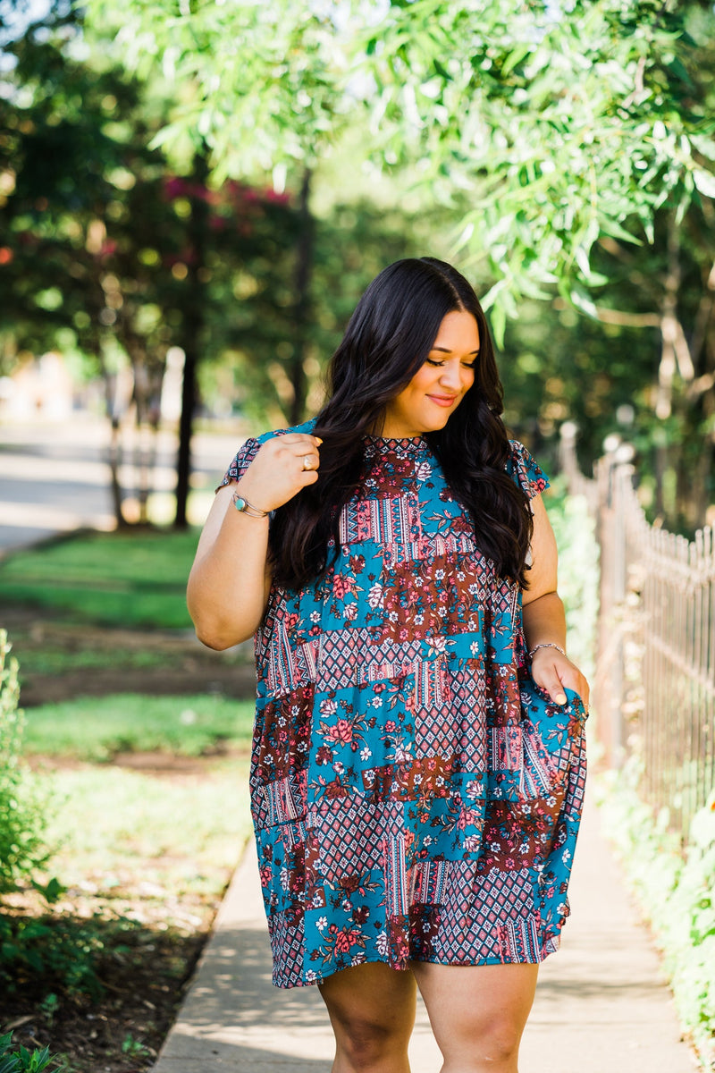 Tiered Pocket Dress in Teal Boho - S-3X