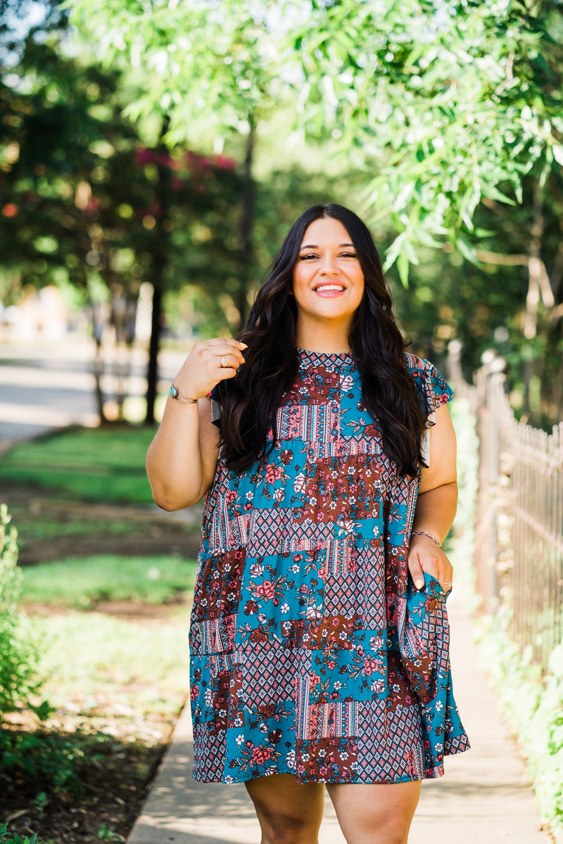 Tiered Pocket Dress in Teal Boho - S-3X