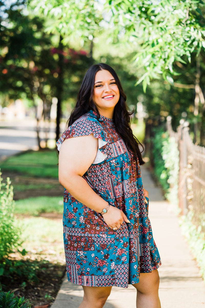 Tiered Pocket Dress in Teal Boho - S-3X