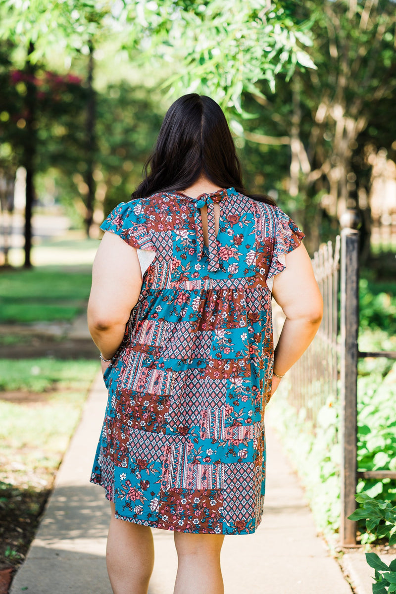 Tiered Pocket Dress in Teal Boho - S-3X