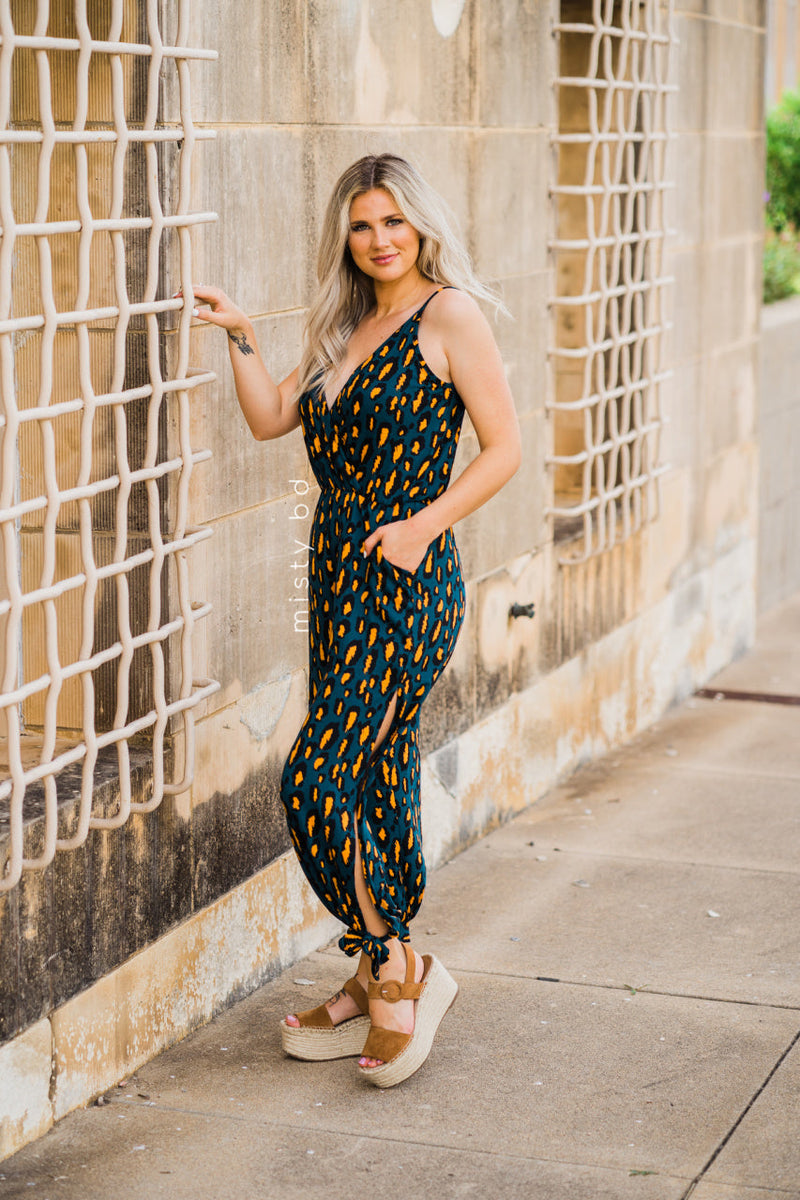 teal and yellow leopard print jumpsuit