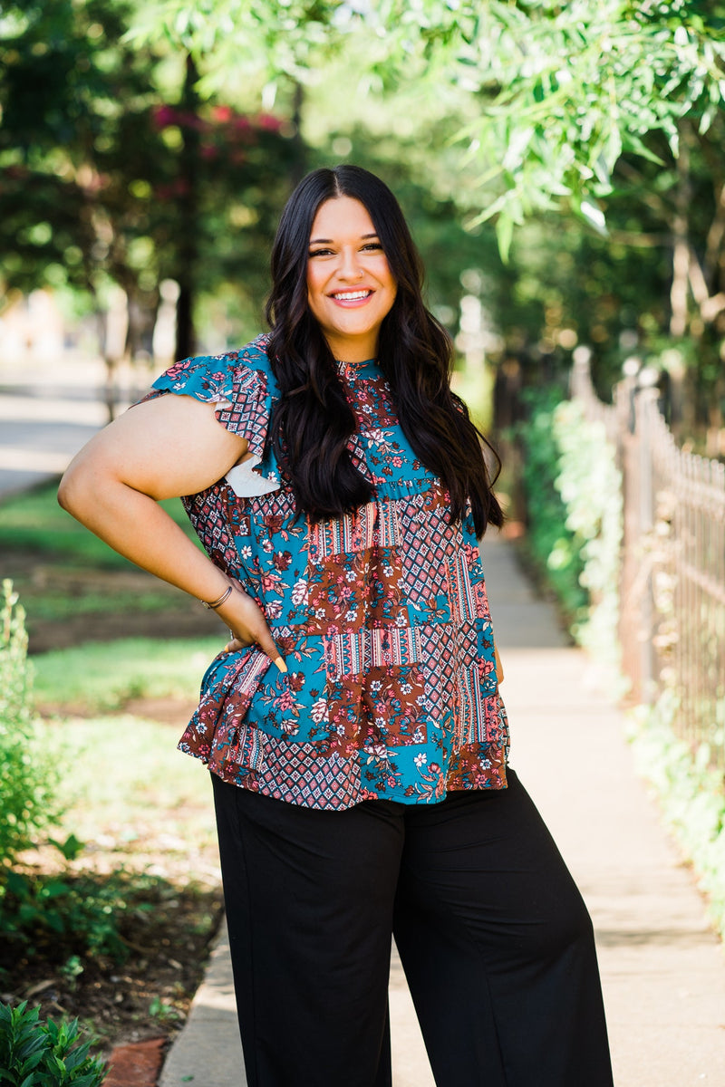 Tiered Ruffle Sleeve Top in Teal Boho - S-3X