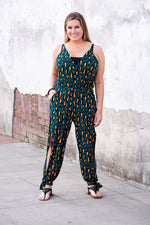 Peep Leg Jumpsuit in Teal Leopard - S-L