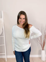 ribbed one shoulder sweater in beige misty bd hand on hip