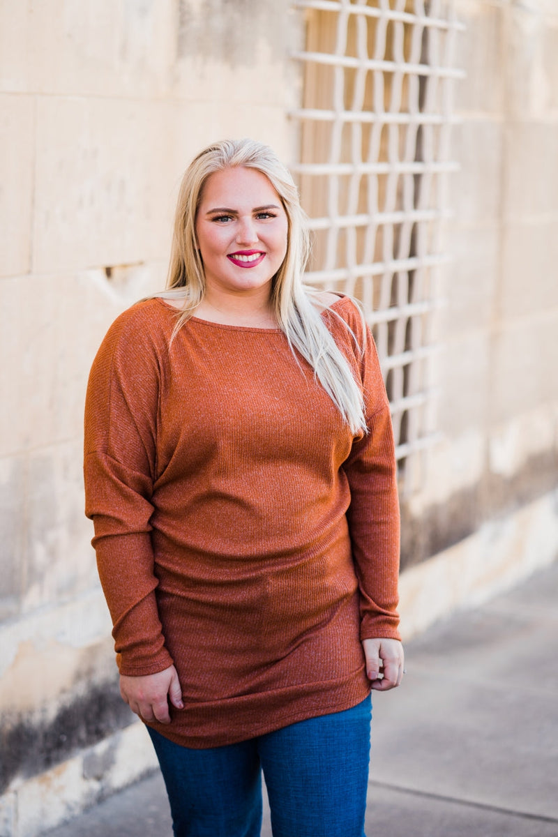 Ribbed One Shoulder Tunic Top Brick plus