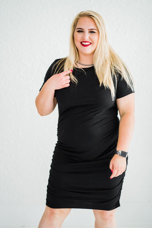 Short Sleeve Ruched Dress in Black - S-3X