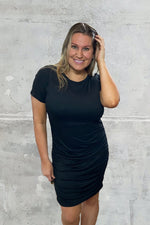 Short Sleeve Ruched Dress in Black - S-3X
