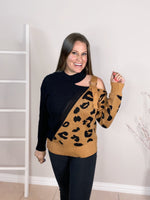 Strappy Cold Shoulder Sweater black with brown leopard print mistybd
