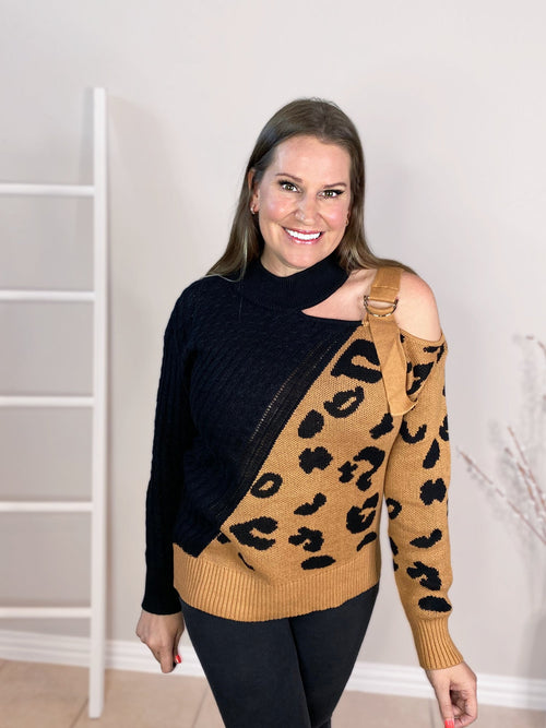 Strappy Cold Shoulder Sweater black with brown leopard print mistybd arms down