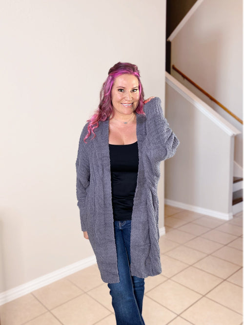 Teddy Bear Cardigan in grey sherpa misty bd