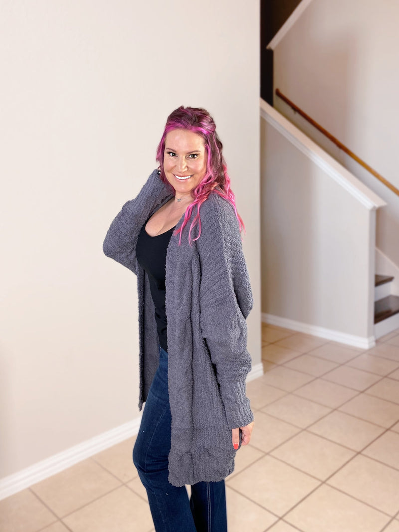 Teddy Bear Cardigan in gray sherpa misty bd