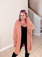 Teddy Bear Cardigan in Coral sherpa misty bd front view