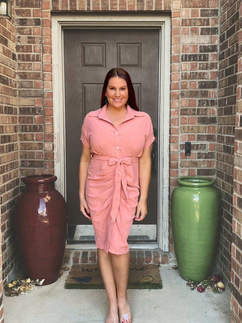 button cinched front tie waist dress coral misty bd
