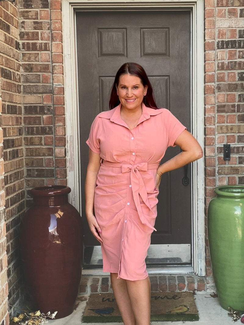 draped button dress with collar coral misty bd