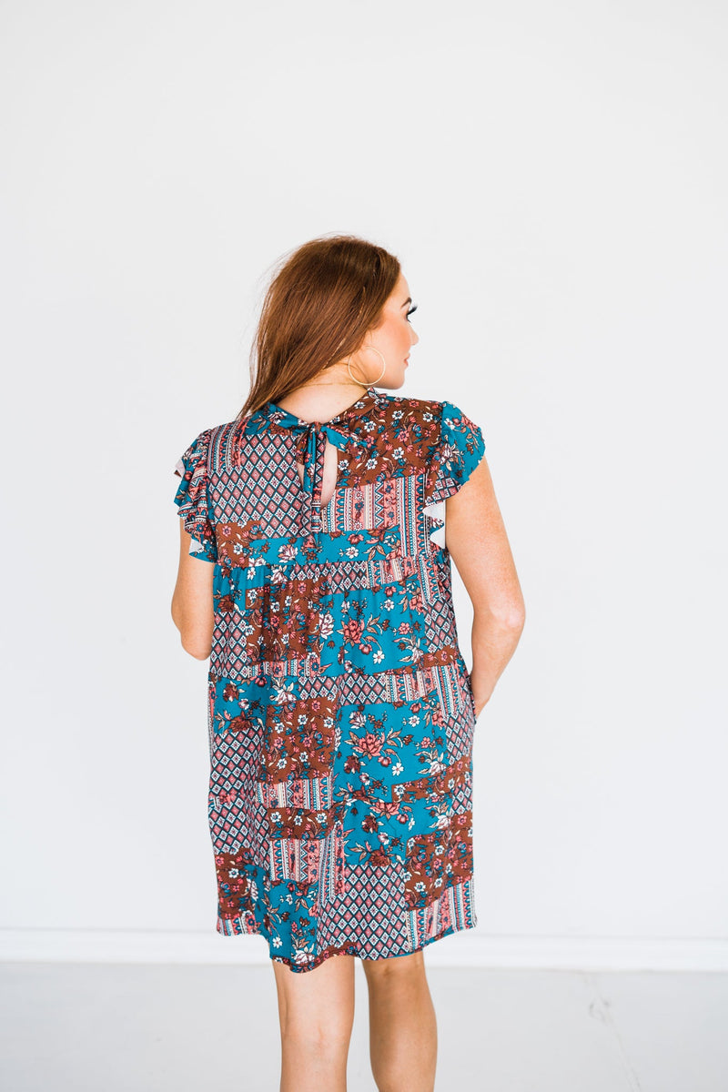 Tiered Pocket Dress in Teal Boho - S-3X