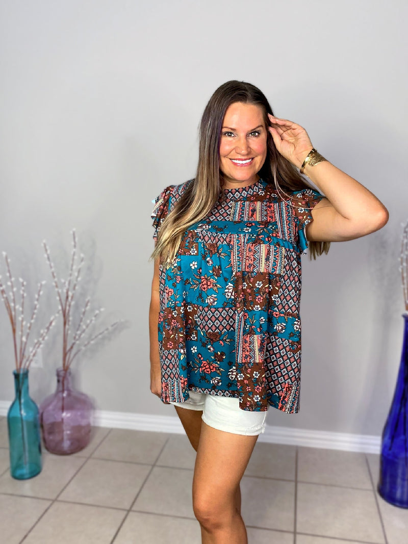 Tiered Ruffle Sleeve Top in Teal Boho - S-3X