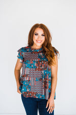 Tiered Ruffle Sleeve Top in Teal Boho - S-3X