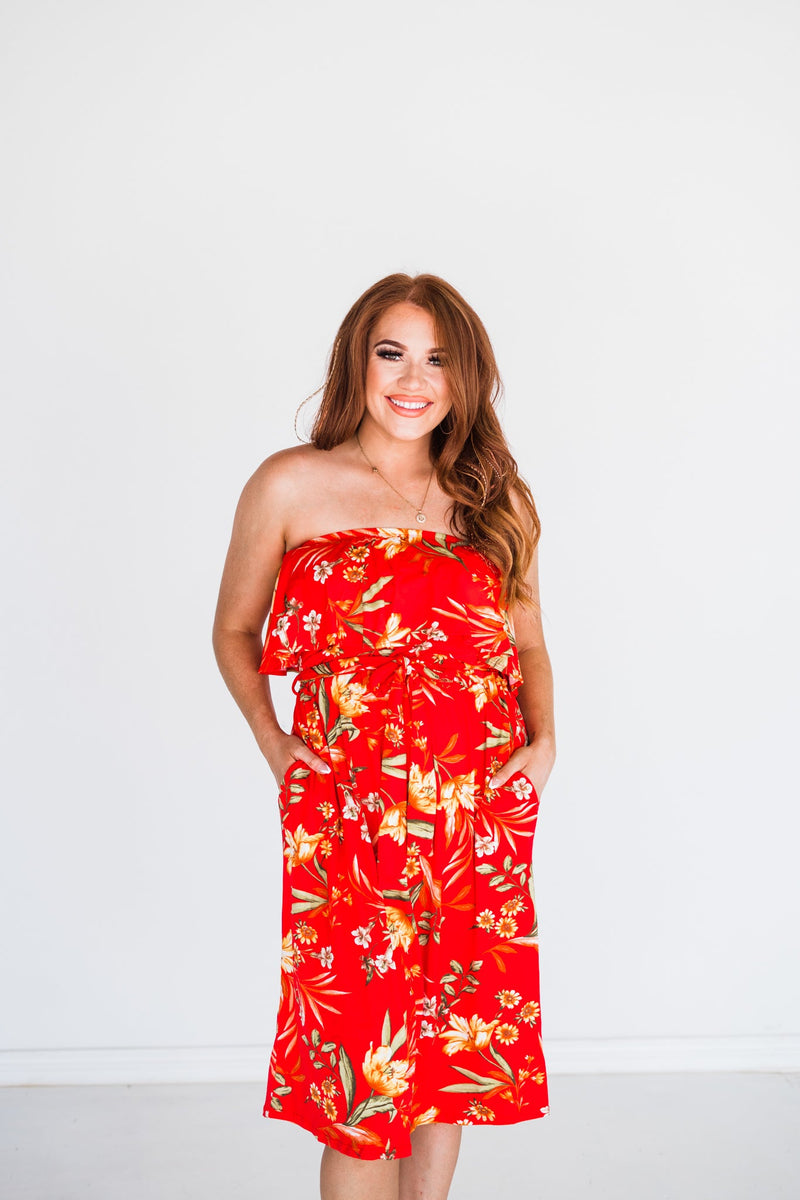 Tube Top Tie Waist Midi Dress in Red Floral - S-3X