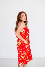 Tube Top Tie Waist Midi Dress in Red Floral - S-3X