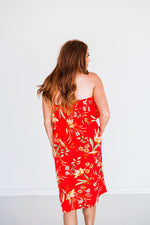 Tube Top Tie Waist Midi Dress in Red Floral - S-3X