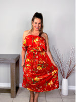 Tube Top Tie Waist Midi Dress in Red Floral - S-3X