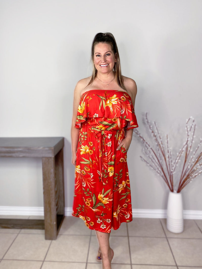 Tube Top Tie Waist Midi Dress in Red Floral - S-3X