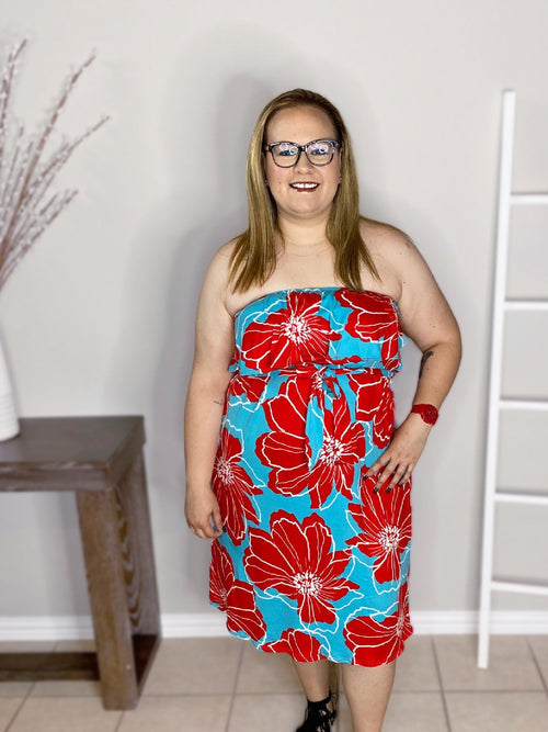 Tube Top Tie Waist Midi Dress in Aqua Floral - S-3X