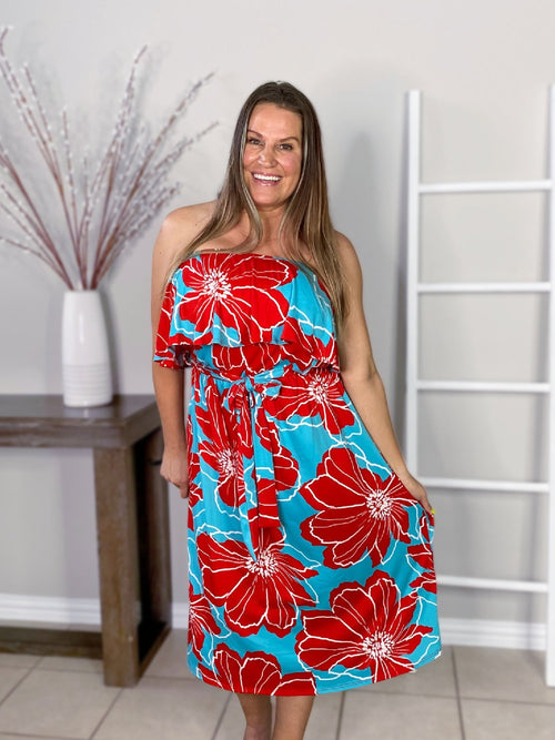 ruffle tube top midi dress on aqua base with red floral misty bd