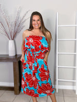 ruffle tube top with tie waist sash midi dress on aqua base with red floral misty bd