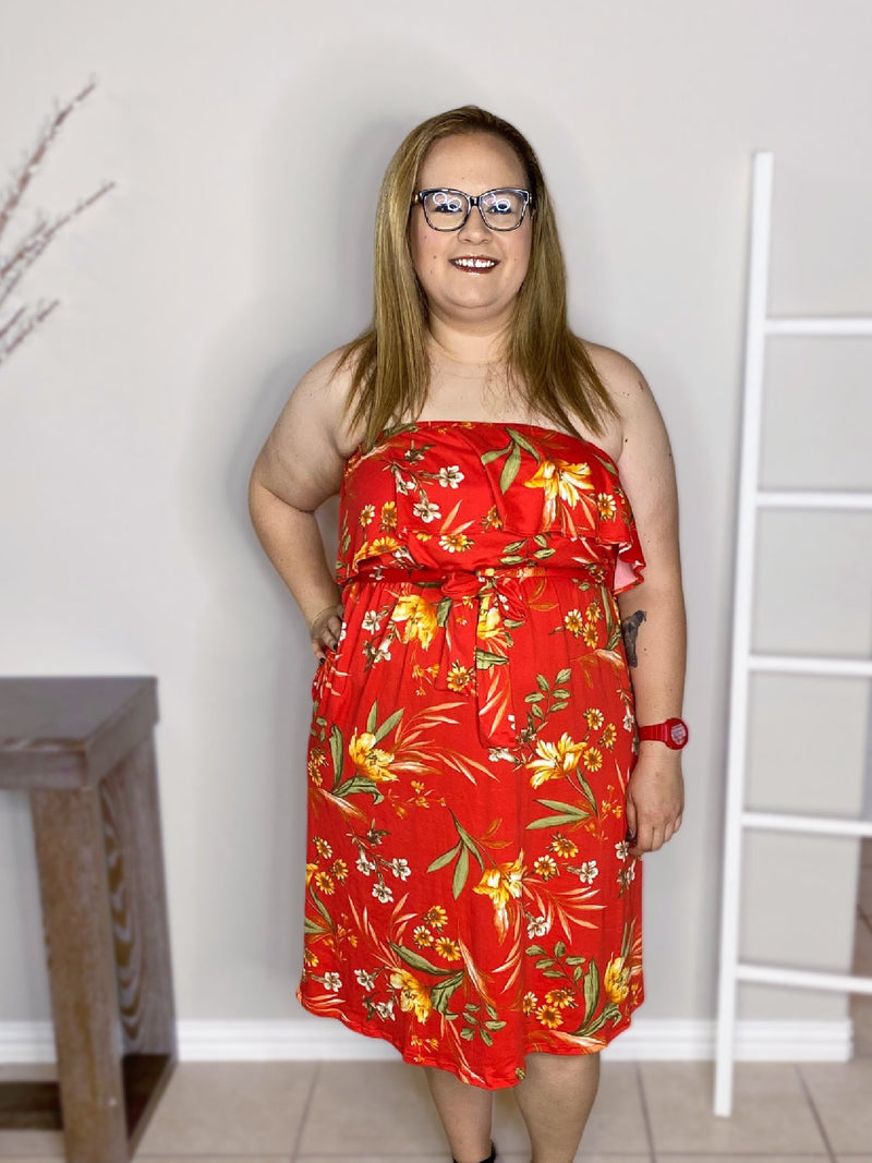 Tube Top Tie Waist Midi Dress in Red Floral - S-3X