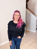 Draped Sleeve Top black misty bd looking to the side